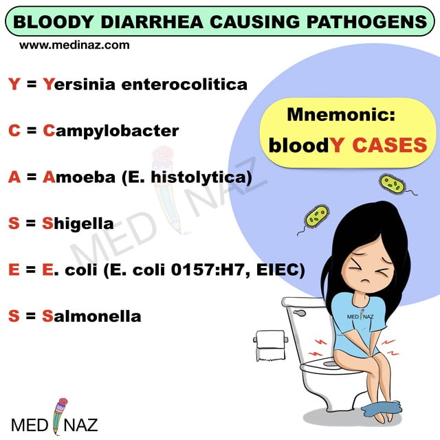Image of a lady sitting on toilet with the text heading Bloody Diarrhea Causing Pathogens mnemonic