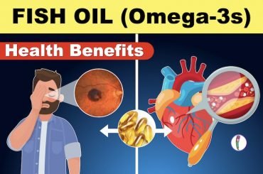 Image contains a heart and a man with eye problem and a heading Fish oil benefits